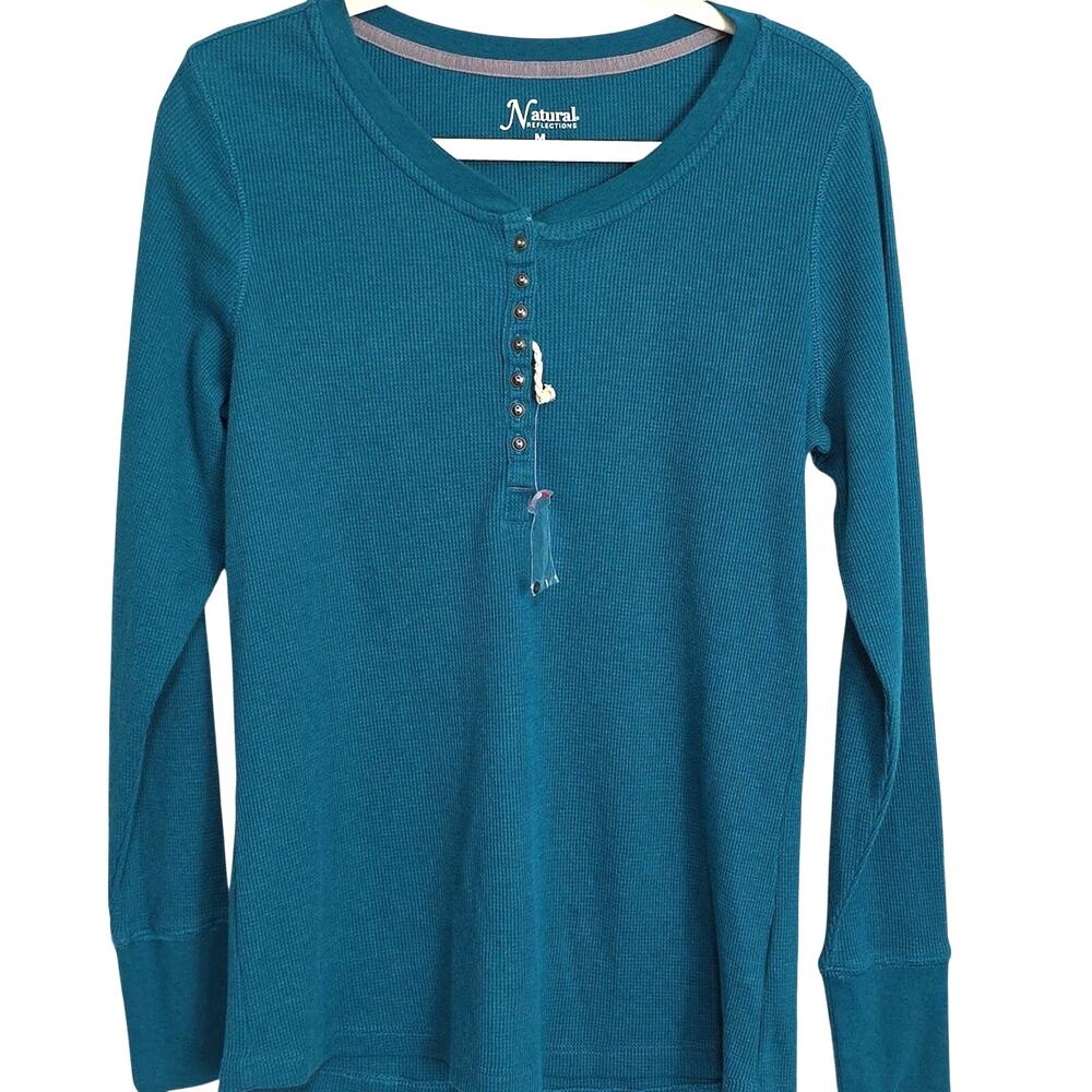 Natural Reflections Womens Sz M NWOT Teal Waffle Knit Henley Y2K 90s Grunge Top